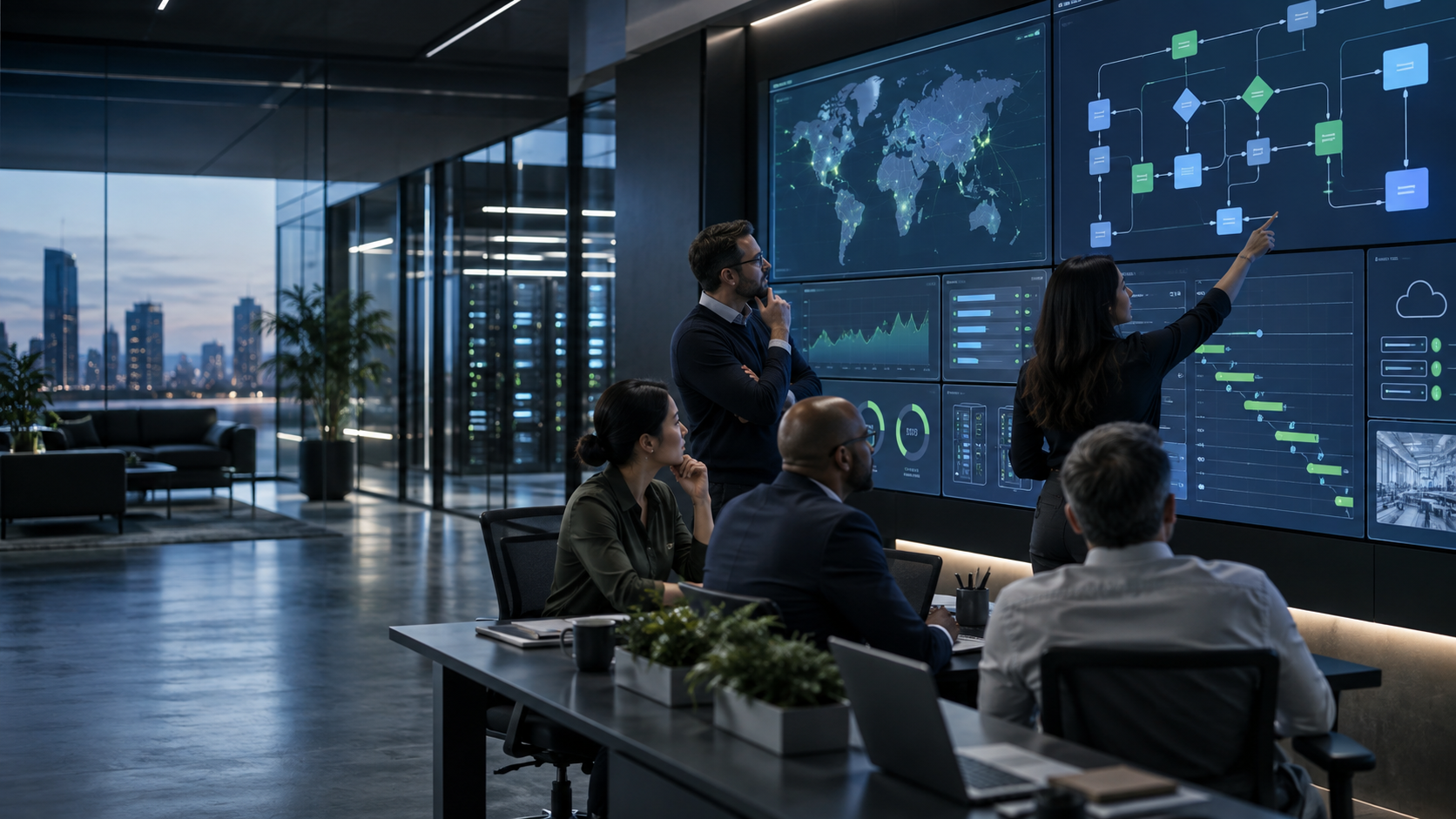 Enterprise technology consultants reviewing automation and delivery operations